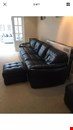 Black leather 4 seater sofa with 2 chairs and storage footstool