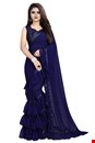 Women's Georgette Ruffle Frill Saree With Blouse Piece (Dark blue)